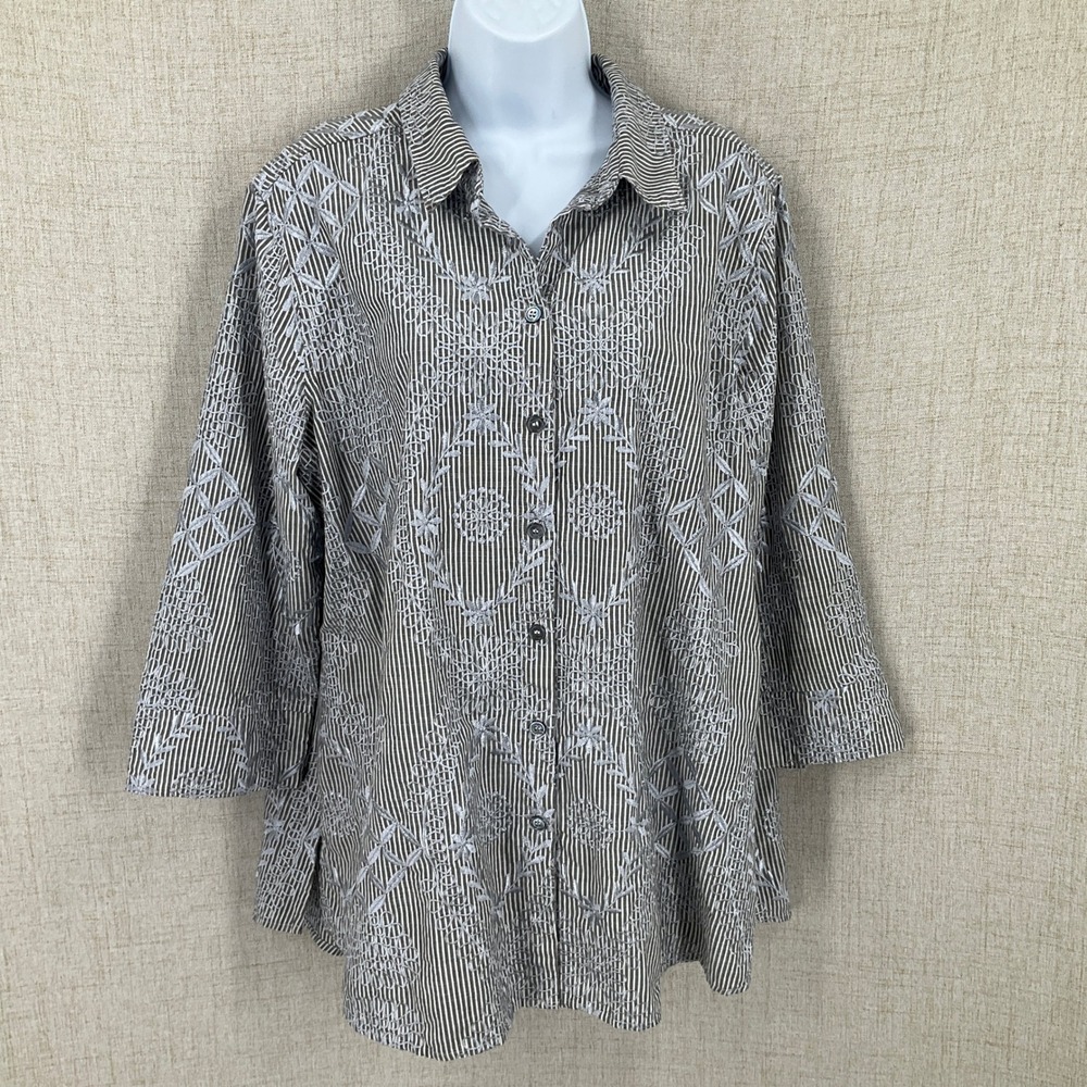 John Mark Shirt Womens XL Gray Cotton Embroidered Striped 3/4 Sleeve Boho Blouse